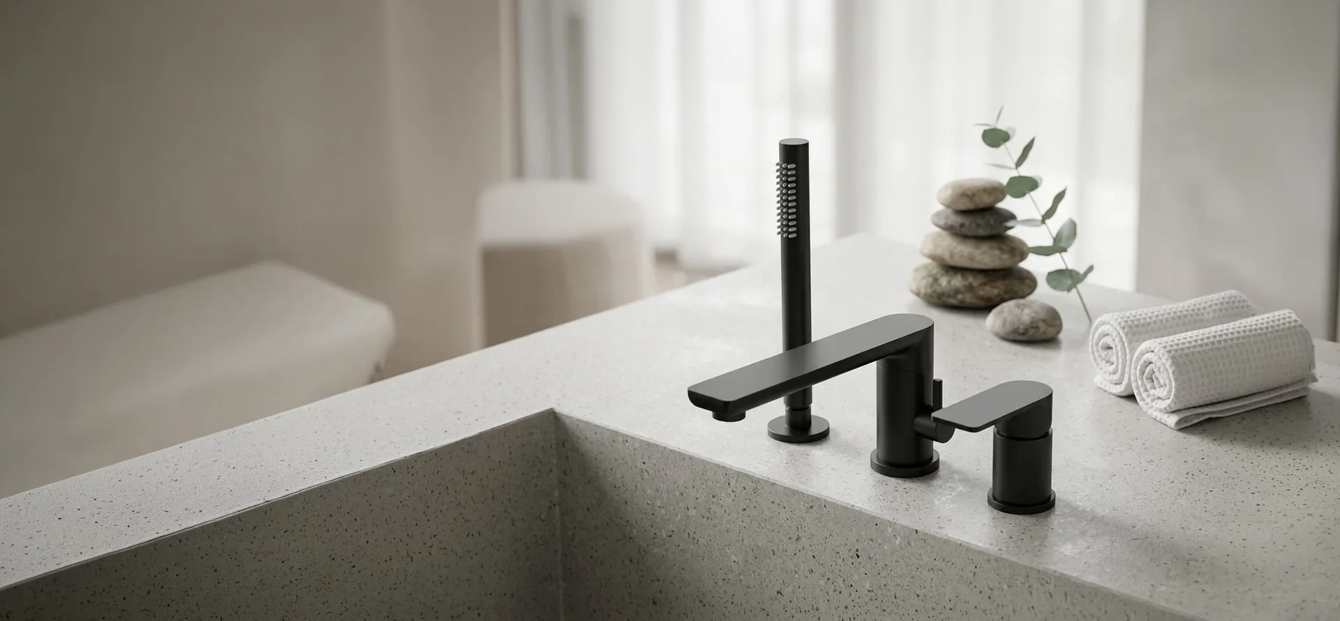 Bella QV bath mixer in matte black on a terrazzo bath surround